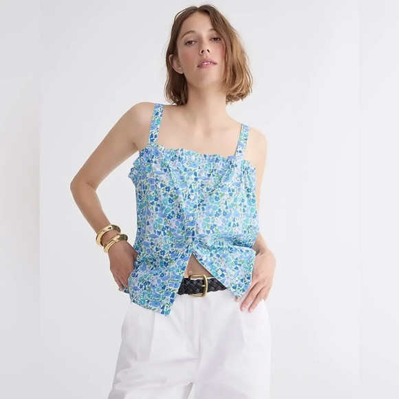 J. CREW Liberty Fabric Smocked Button Front Tank Top in‎ Blue Green - Picture 1 of 8